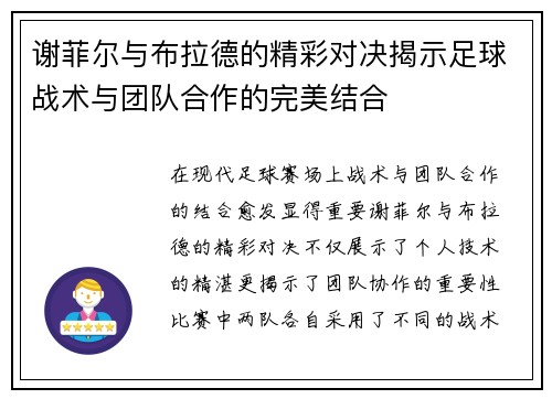 谢菲尔与布拉德的精彩对决揭示足球战术与团队合作的完美结合